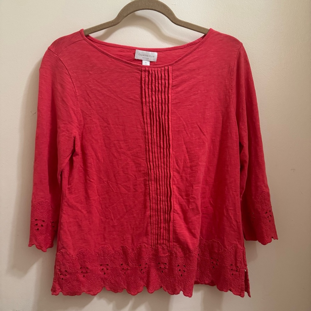 Charter Club Petite Women’s Blouse Long Sleeve Coral Floral Keyhole‎ Pattern PL